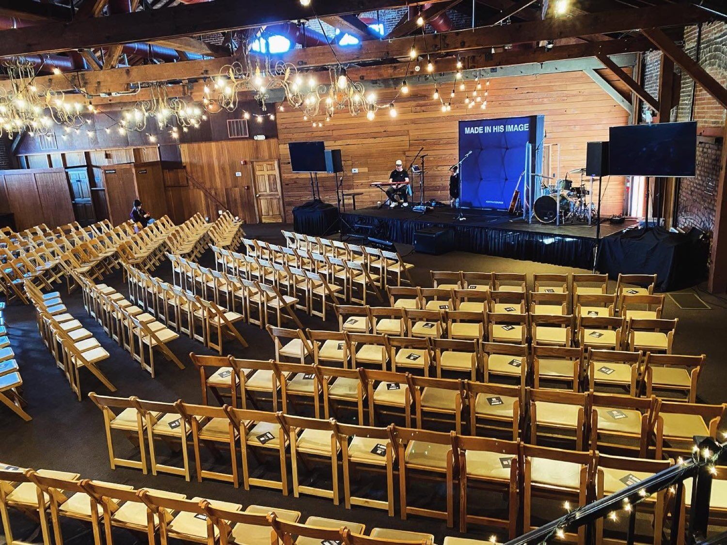 Worship event space with displays